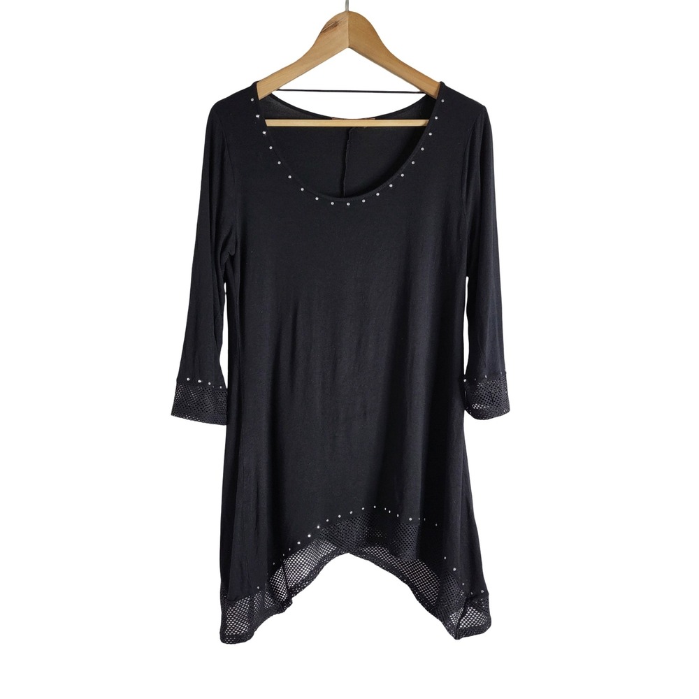 Belldini Black Studded Sharkbite Hem Tunic Mesh Trim Witchy Gothic Bohemian M